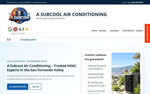 A Subcool Air Conditioning's page as the assistant saw it