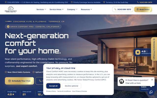 Cloud Comfort HVAC's page as the assistant saw it