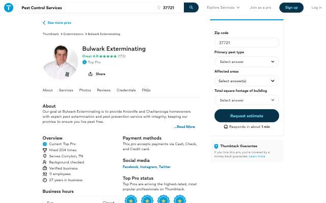 Bulwark Exterminating's page as the assistant saw it