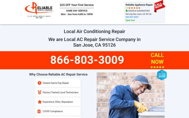 Reliable Appliances Repair's page as the assistant saw it