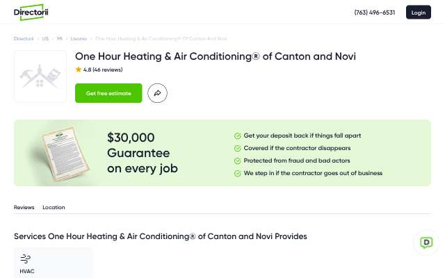 One Hour Heating & Air Conditioning of Canton and Novi's page as the assistant saw it