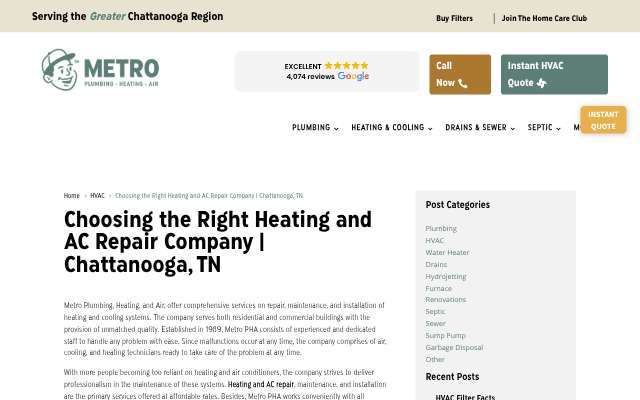 Metro Plumbing, Heating, and Air's page as the assistant saw it
