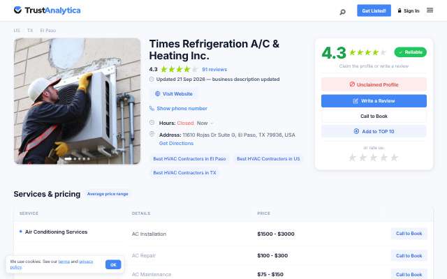Times Refrigeration A/C & Heating's page as the assistant saw it