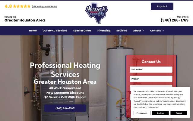 Marcos' AC & Heating's page as the assistant saw it