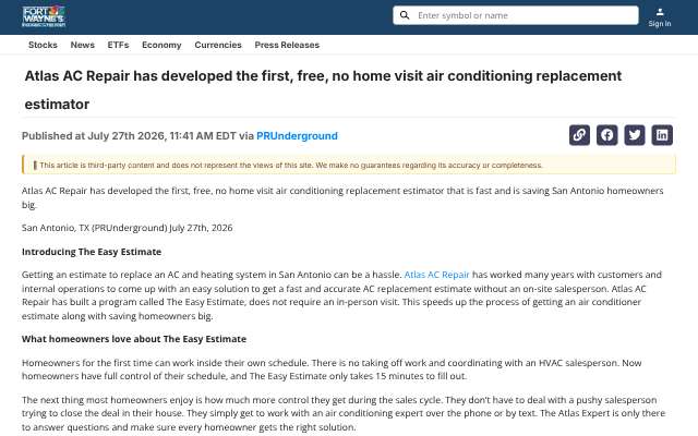 Atlas AC Repair's page as the assistant saw it