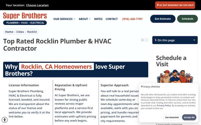 Super Brothers Plumbing, Heating and Air's page as the assistant saw it