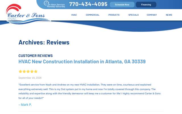 Carter & Sons HVAC's page as the assistant saw it