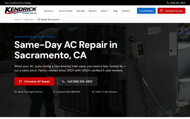 Kendrick Heating & Air's page as the assistant saw it
