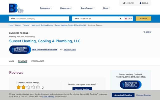 Sunset Heating & Cooling's page as the assistant saw it