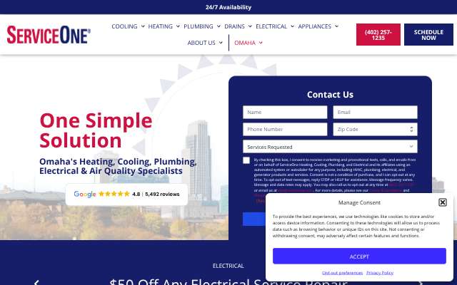 ServiceOne Heating, Cooling, Plumbing, and Electrical's page as the assistant saw it