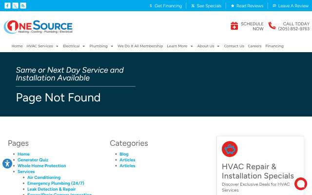 One Source Heating, Cooling, Plumbing & Electrical's page as the assistant saw it