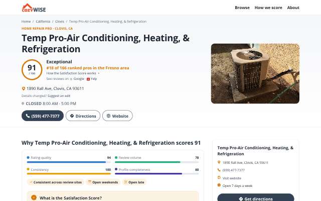 Temp Pro Air Conditioning, Heating, & Refrigeration's page as the assistant saw it