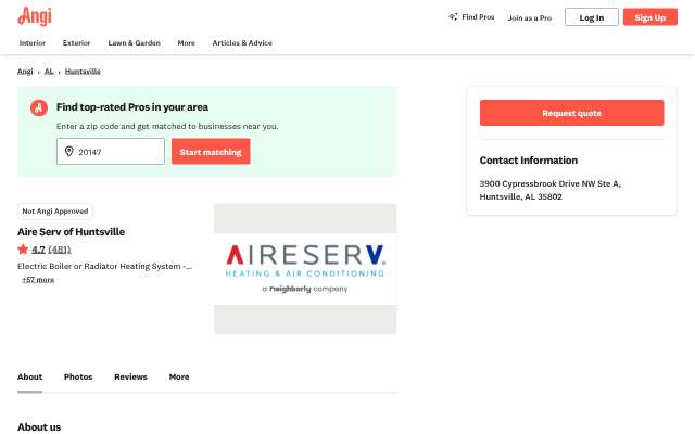 Aire Serv of Huntsville's page as the assistant saw it