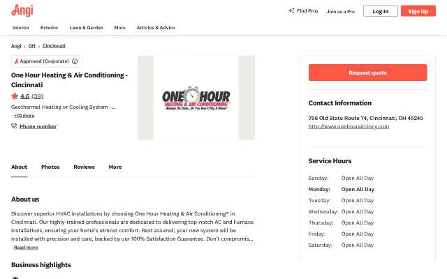 One Hour Heating & Air Conditioning's page as the assistant saw it