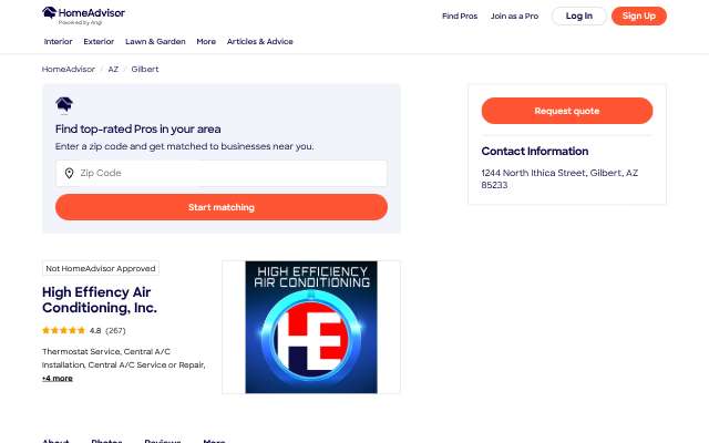 High Effiency Air Conditioning, Inc.'s page as the assistant saw it