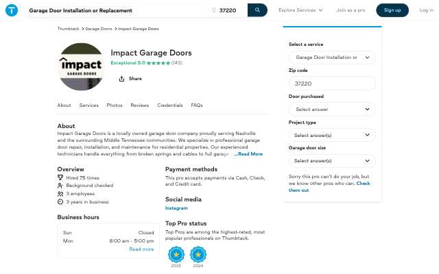 Impact Garage Doors's page as the assistant saw it