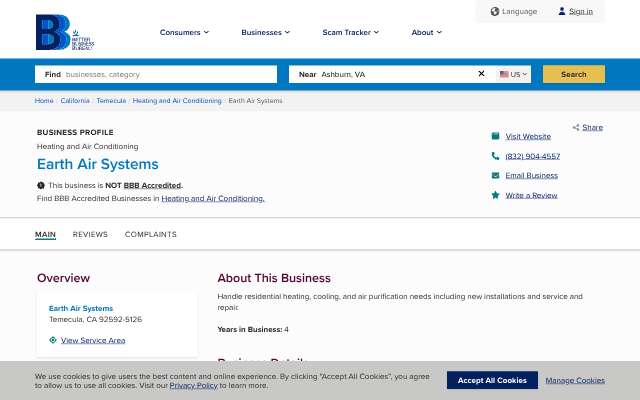 Earth Air Systems's page as the assistant saw it