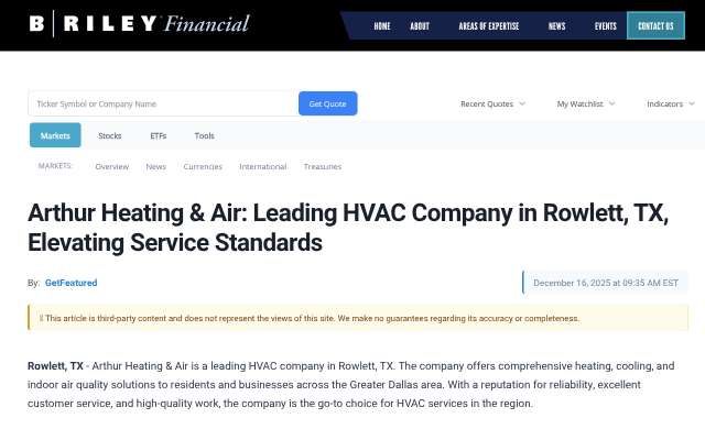 Arthur Heating & Air's page as the assistant saw it