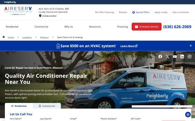 Aire Serv's page as the assistant saw it