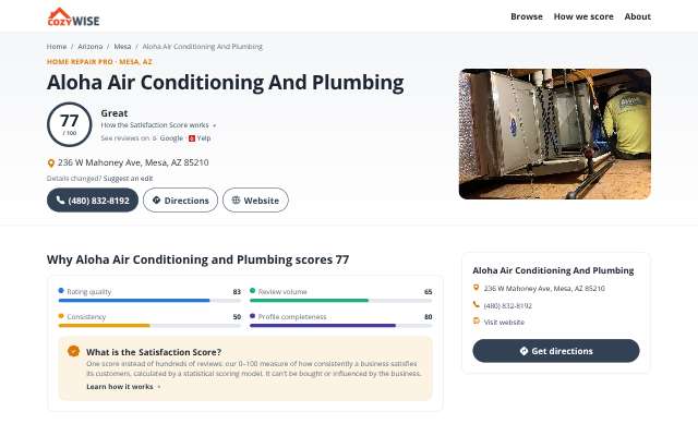 Aloha Air Conditioning and Plumbing's page as the assistant saw it