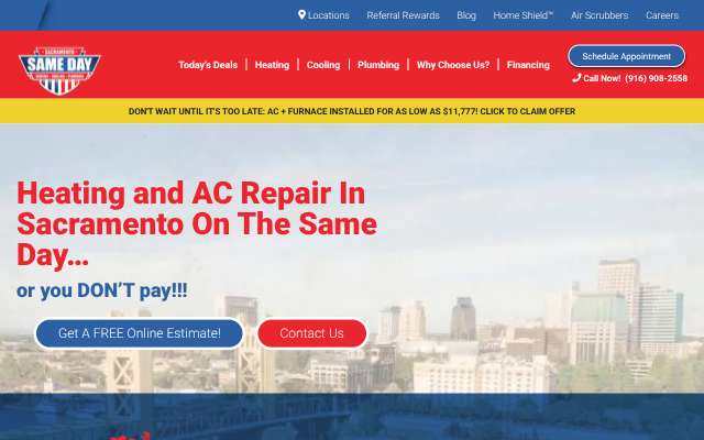Same Day Heating, Cooling, Plumbing's page as the assistant saw it