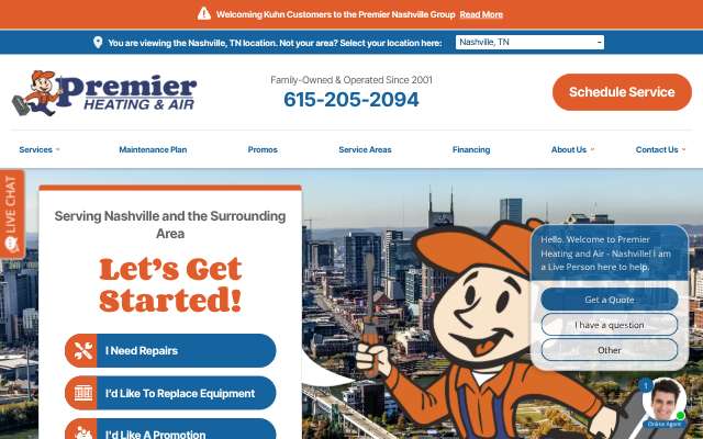 Premier Heating and Air (Nashville), successor to Kuhn Air Conditioning's page as the assistant saw it