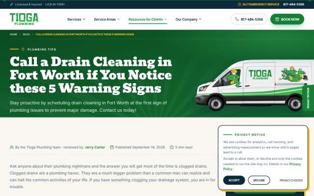 Tioga Contractors's page as the assistant saw it