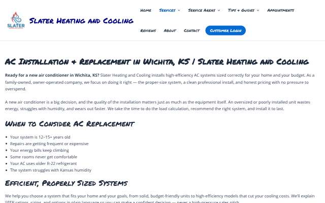 Slater Heating and Cooling's page as the assistant saw it