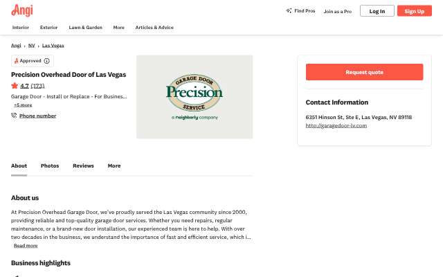 Page cited for Precision Overhead Door of Las Vegas