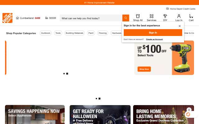 The Home Depot's page as the assistant saw it