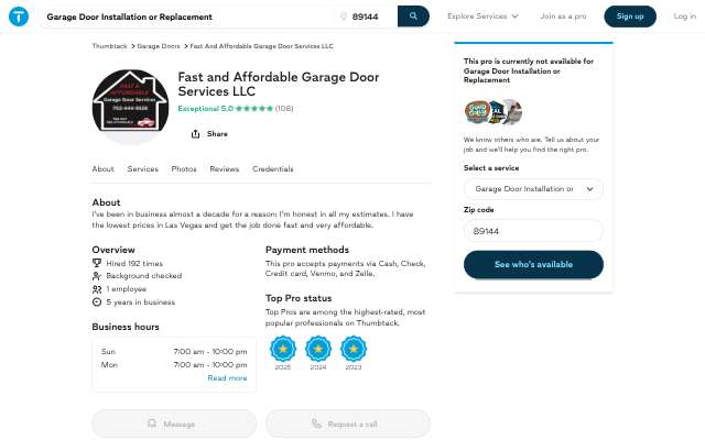 Fast and Affordable Garage Door Services LLC's page as the assistant saw it