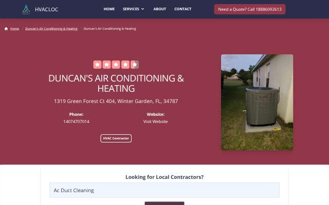 Duncan's Air Conditioning & Heating's page as the assistant saw it