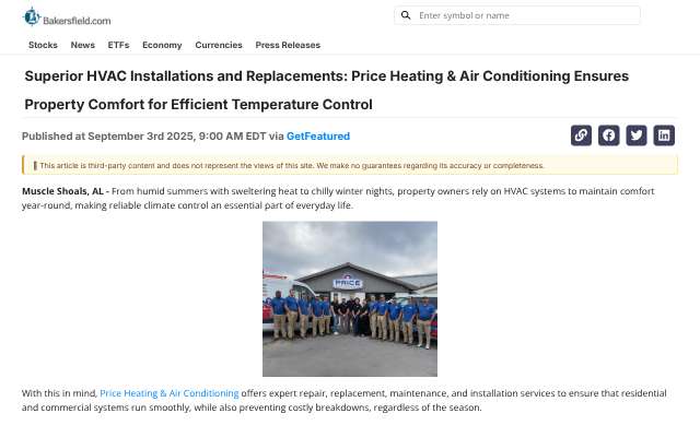 Price Heating & Air Conditioning's page as the assistant saw it