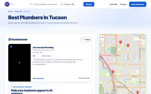 Al Coronado Plumbing's page as the assistant saw it