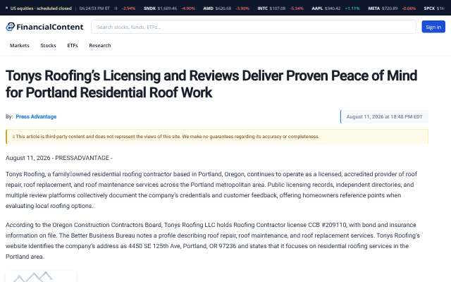 Tonys Roofing's page as the assistant saw it