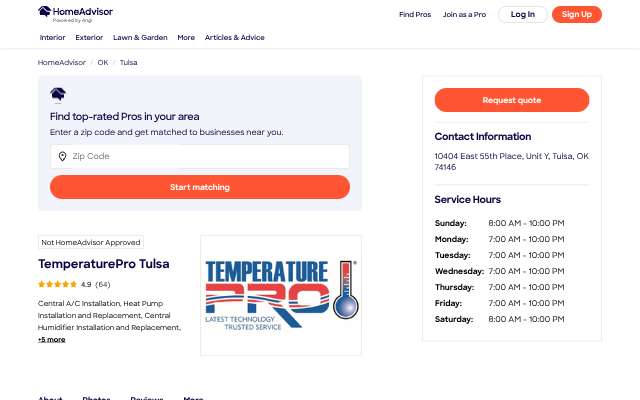 TemperaturePro Tulsa's page as the assistant saw it
