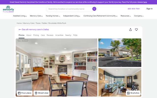Seniorly Brookdale listing's page as the assistant saw it