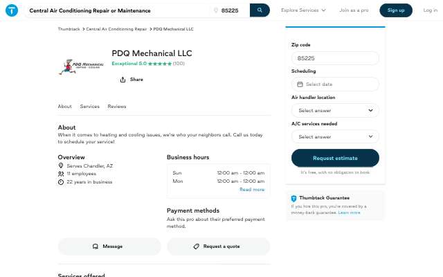 PDQ Mechanical LLC's page as the assistant saw it