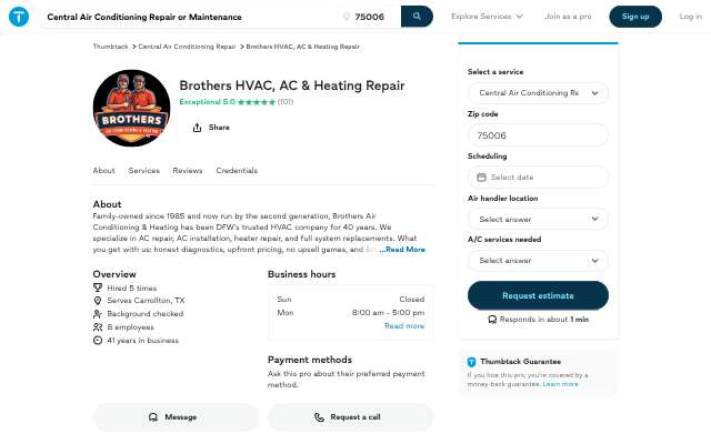 Brothers HVAC, AC & Heating Repair's page as the assistant saw it