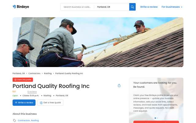 Portland Quality Roofing Inc's page as the assistant saw it