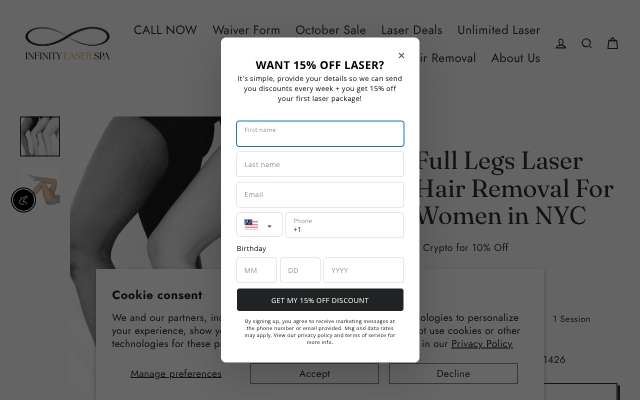 Infinity Laser Spa's page as the assistant saw it
