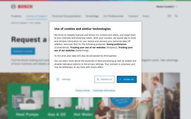 Bosch Home Comfort quote tool's page as the assistant saw it