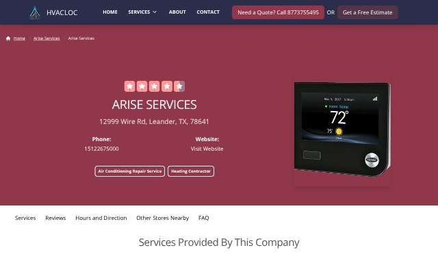 Arise Services's page as the assistant saw it