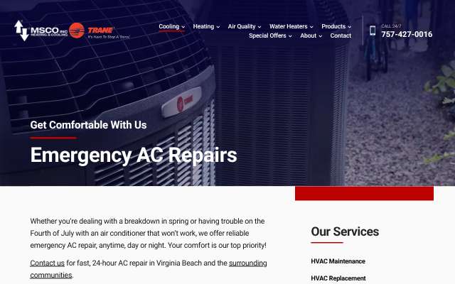 MSCO Inc. Heating & Cooling's page as the assistant saw it