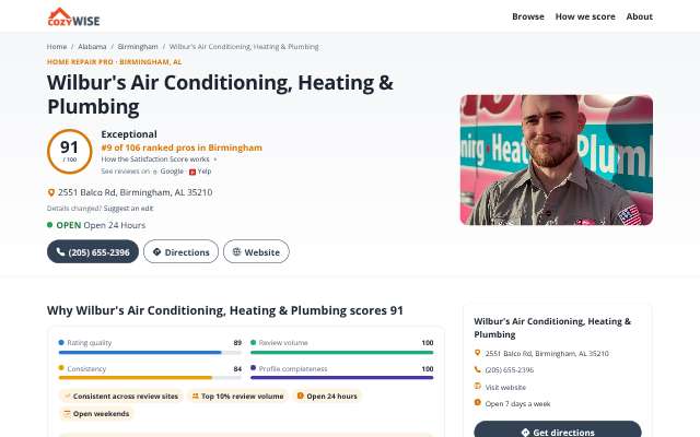 Wilbur's Air Conditioning, Heating & Plumbing's page as the assistant saw it