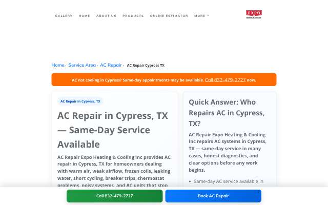 AC Repair Expo Heating & Cooling Inc's page as the assistant saw it