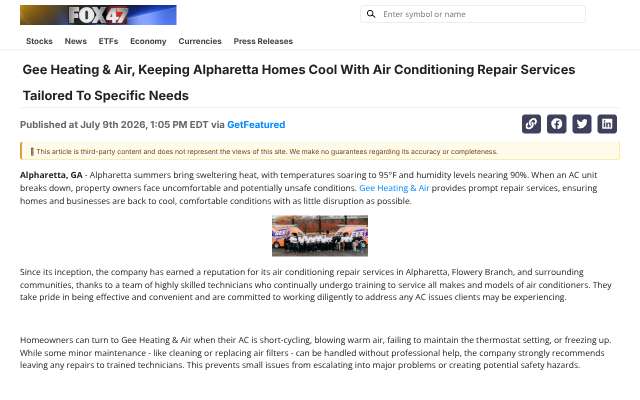 Gee Heating & Air's page as the assistant saw it