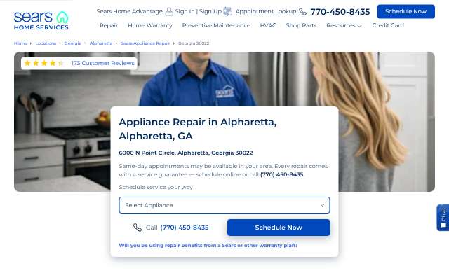 Sears Appliance Repair's page as the assistant saw it