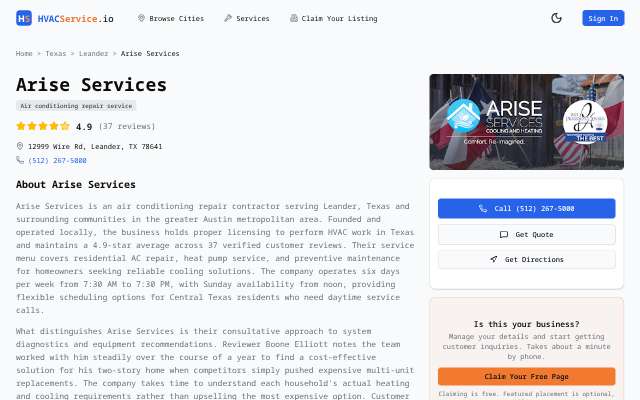 Arise Services's page as the assistant saw it