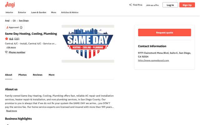 Same Day Heating, Cooling, Plumbing's page as the assistant saw it